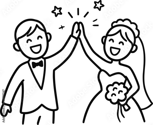 행복한 웨딩 커플 라인 벡터 일러스트