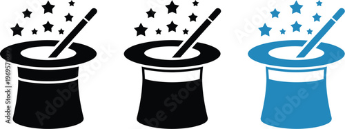 Magic wand and hat icon set, vector template featuring black outline and blue magic hats with star wand casting stardust spell on white background.