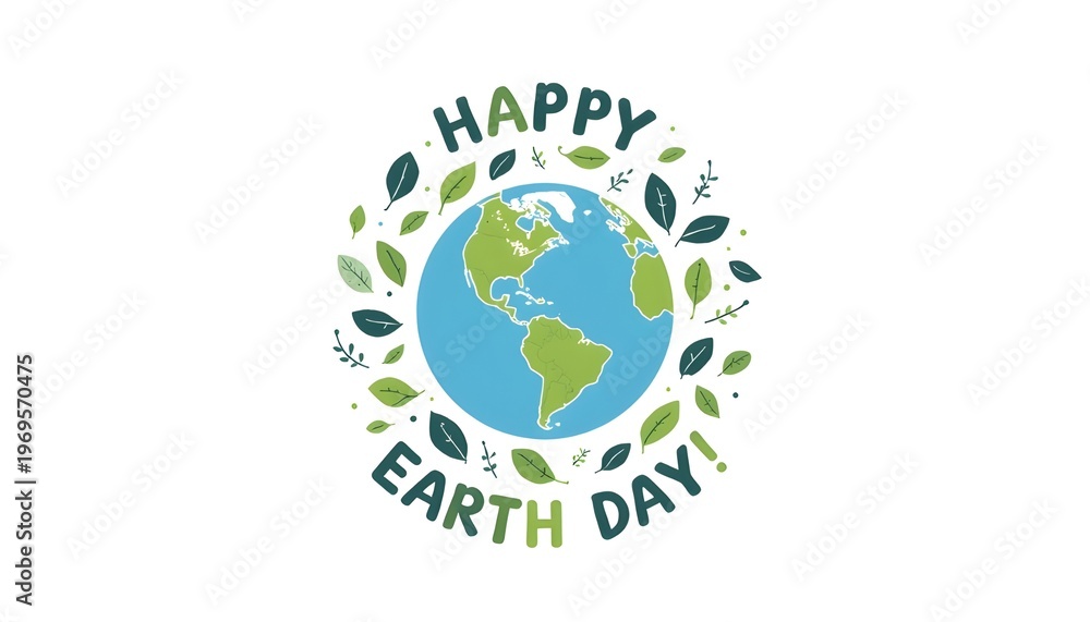 Fototapeta premium A colorful illustration of the Earth surrounded by leaves and the words 'Happy Earth Day' on a white background