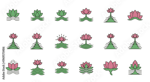 Lotus Flower Icons Animated Set Vector Illustration Design Elements for Website App and Presentation Graphics
