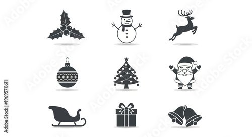 Christmas Icons Set: Santa, Snowman, Reindeer, Tree, Sleigh, Bells, Gift, Holly