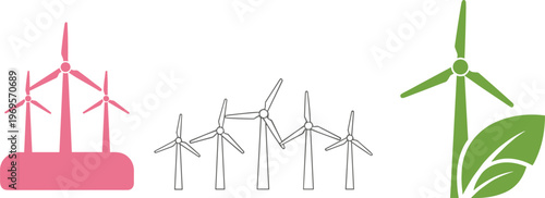 Stylized Vector Illustrations of Wind Turbines for Renewable Energy, Sustainability, and Environmental Concepts