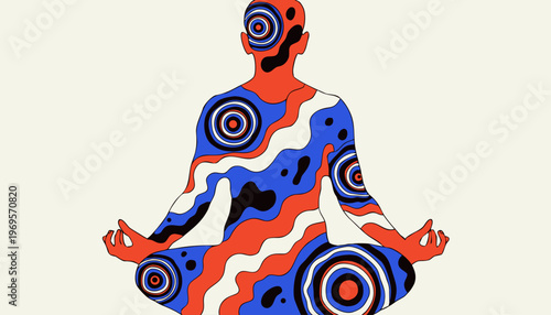 Person meditating with vibrant abstract swirls on body and galaxies swirling inside head on a neutral background