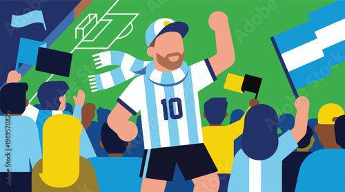 Argentinian soccer fan celebrating with a crowd at a stadium, flat illustration