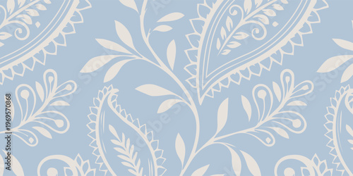 Elegant Paisley and Floral Pattern in Soft Blue Hues.