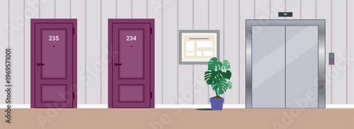 Modern Elevator lobby interior with closed lift door and two doors. Office or apartment building hallway with wall, potted plant, notice board in flat vector style.
