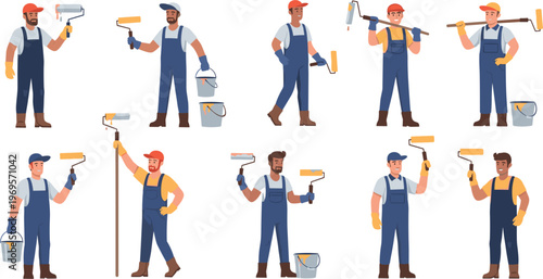 Vector Illustration of Professional Painters in Various Poses Using Paint Rollers and Tools for Home Improvement and Construction Concepts
