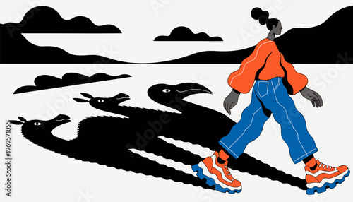 Person walking alone with shadow of birds flying behind them in a stylized landscape