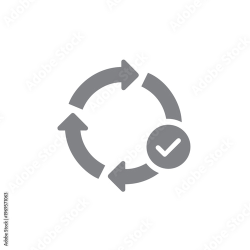 Circular process icon with a checkmark symbol indicates completion and ongoing cycle in business or workflow management.