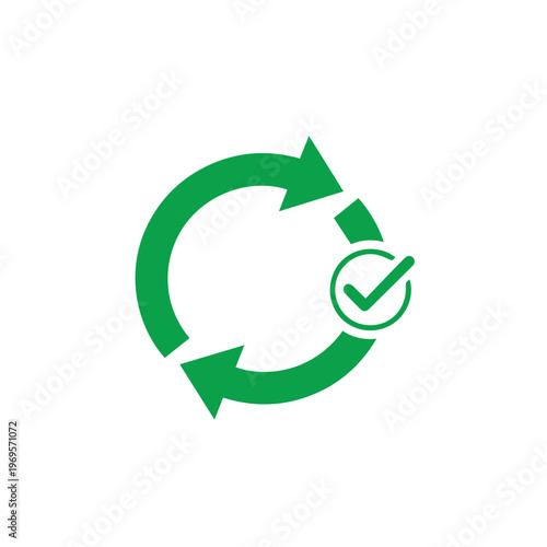 Green circular arrows accompanied by a checkmark in a small circle signifies a completed green initiative or successful.