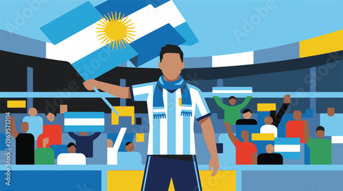 Argentinian fans celebrating in a stadium with national flag
