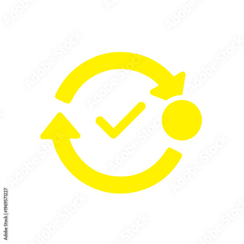 Yellow circular arrows with a checkmark and a solid circle represent completed tasks within a workflow.