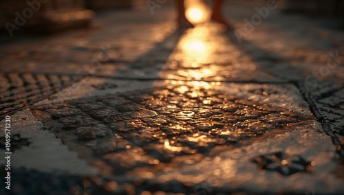 Warm sunlight reflecting on a textured, patterned floor with a long shadow cast across the surface.