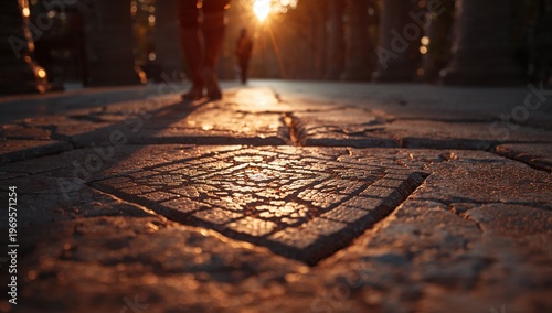 Low-angle view of a stone floor with a triangular carving bathed in warm golden sunlight at sunset.