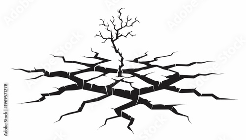 Drought stricken land with cracked earth and withered tree in black silhouette on white background symbolizing environmental damage and arid conditions