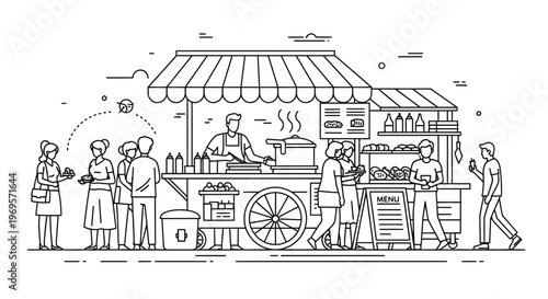 A bustling street food market scene comes alive with an energetic vendor skillfully preparing and serving a variety of delicious meals from a charming food cart, attracting a diverse crowd of hungry c
