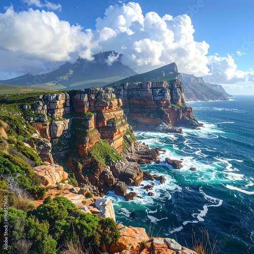 A rugged coastline with layered cliffs and a vast ocean