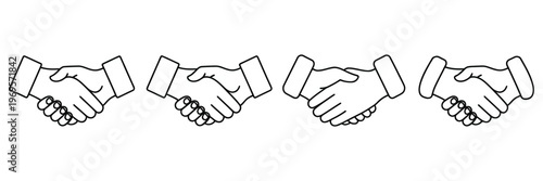 Handshake Deal Icon Set Featuring Line and Silhouette Styles, Business Partnership and Agreement Symbols, Professional Hand Shake Icons with Editable Stroke, Isolated Vector for Web, UI and Design
