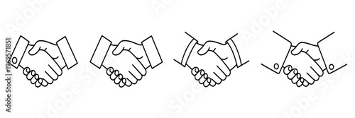 Handshake Deal Icon Set Featuring Line and Silhouette Styles, Business Partnership and Agreement Symbols, Professional Hand Shake Icons with Editable Stroke, Isolated Vector for Web, UI and Design