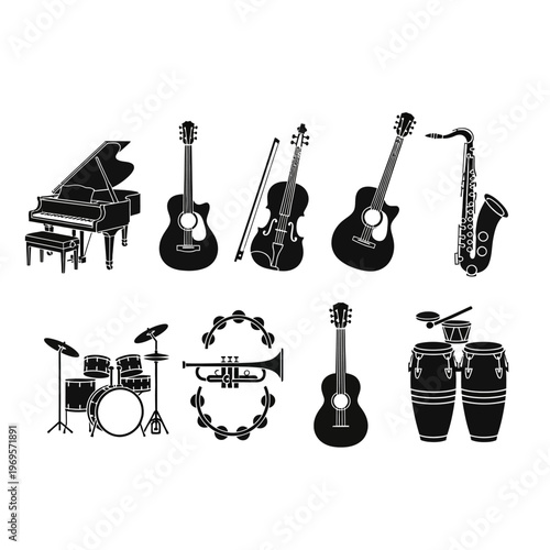 Collection of various musical instruments.
