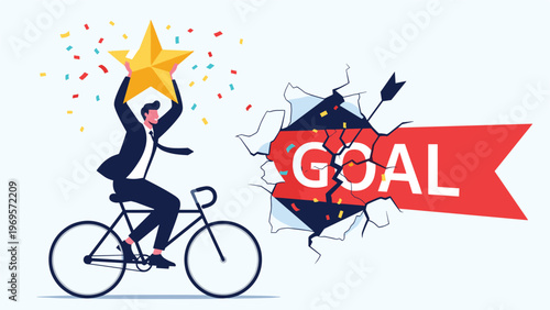 Energetic businessman riding a bicycle with a star and crashing through a goal wall to symbolize breakthrough success and achievement.