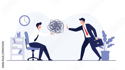 Professional businessman refusing to accept a chaotic tangle of problems from his colleague in a clean office environment setting.