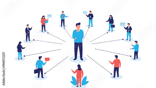Central business leader managing a diverse team of remote workers connected by communication arrows for global project coordination.