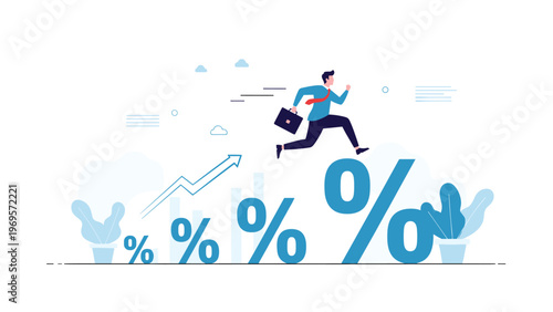 Agile businessman jumping over rising blue percentage signs to represent overcoming high interest rates and achieving financial progress.