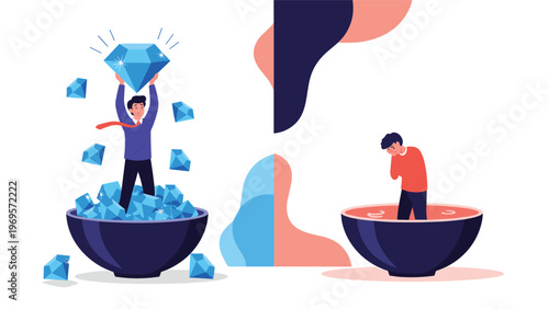 Contrast between a rich businessman standing in a bowl of diamonds and a poor man in an empty bowl to show financial inequality.