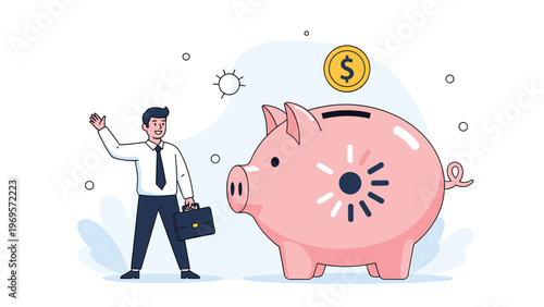 Friendly businessman waving next to a giant pink piggy bank with a loading icon to represent the process of saving money for future goals.