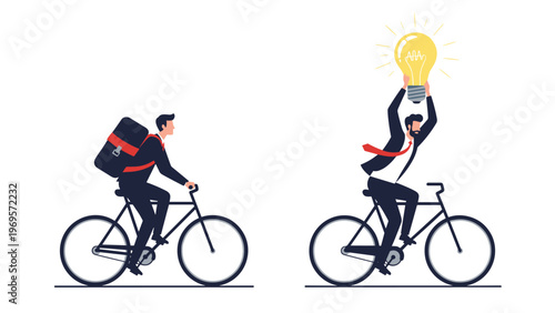 Two men riding bicycles where one carries a backpack and the other holds a bright lightbulb idea up high representing different approaches.