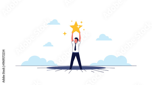 Man standing inside a dark circular hole in the ground while holding up a bright gold star representing finding success in hard times.