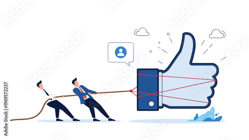 Collaborative business team working together to pull a giant blue thumbs up symbol with a rope for positive social media engagement.