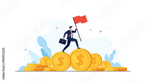Successful businessman carrying a briefcase and a red flag while walking across a mountain of giant gold dollar coins towards success.