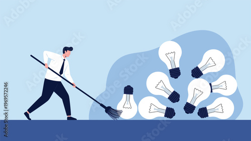 Businessman using a large broom to sweep together a pile of yellow lightbulb ideas representing idea management or filtering concepts.