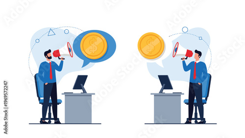Two businessmen standing at their office desks shouting through megaphones with golden dollar coins in speech bubbles for advertising.