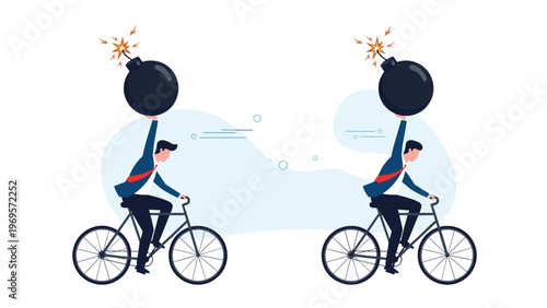 Two businessmen riding bicycles while each holding a large black bomb with a lit fuse representing risky business or dangerous competition.