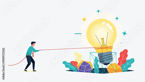 Determined businessman pulling a giant glowing lightbulb out of a hole in the ground using a rope symbolizing discovering new ideas.