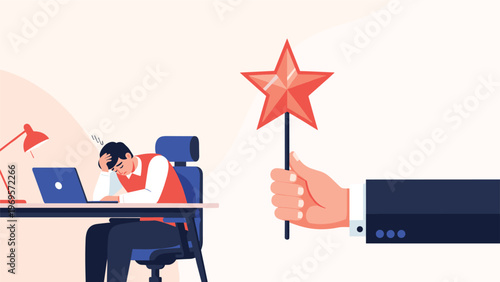 Stressed businessman sitting at his desk while a giant hand holds a star wand over him suggesting a magical solution or reward.