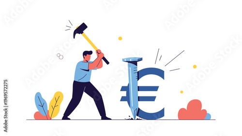 Man wearing a blue shirt using a hammer to drive a large nail through a blue Euro currency symbol representing financial fixing or control.