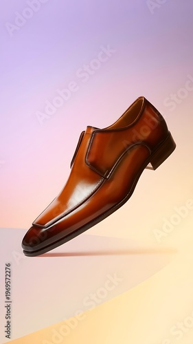 Stylish mens burnished brown leather dress shoe gracefully levitating in a colorful studio