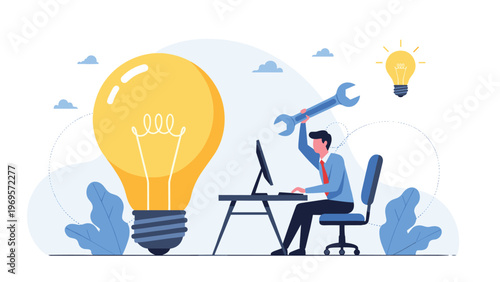 Businessman sitting at an office desk holding a large wrench above his head with a giant lightbulb and smaller idea bulb floating nearby.