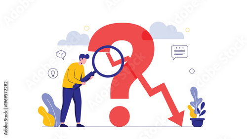 Businessman using a magnifying glass to investigate a large red question mark and a falling chart arrow representing market research.