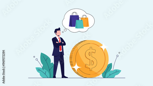 Businessman with arms crossed thinking about shopping bags in a bubble while standing next to a large golden dollar coin for spending.