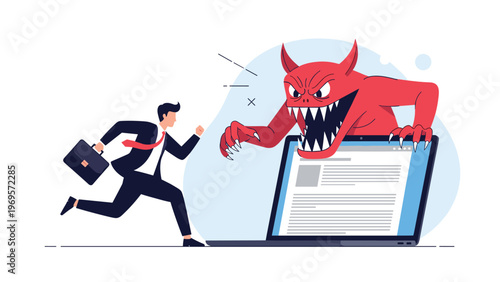 Businessman running away in fear from a red devil-like monster emerging from a laptop screen representing cyber threats or malware.