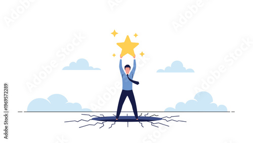 Businessman standing in the middle of a large cracked hole in the ground while triumphantly holding up a bright gold star award.