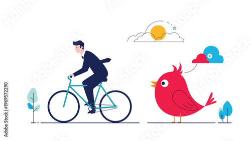 Businessman riding a bicycle while a giant red bird with a colorful cloud speech bubble stands on the ground in a outdoor setting.
