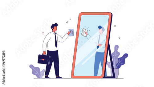 Businessman wiping the face of his own reflection in a large mirror, symbolizing self-care, personal improvement, and professional image management.