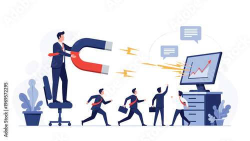 Manager standing on a chair using a giant magnet to attract a line of business employees towards a computer screen with a rising growth chart.