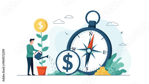 Professional man watering a money plant growing towards a dollar coin, standing next to a giant compass to symbolize guided financial investment growth.